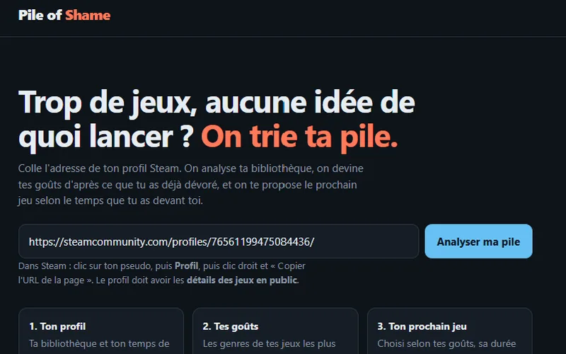 Page d'accueil de Pile of Shame : coller l'adresse de son profil Steam pour analyser sa bibliothèque