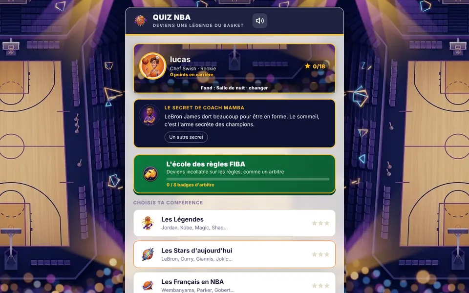 Quiz NBA : profil du joueur, astuce de Coach Mamba, école des règles FIBA et conférences de quiz